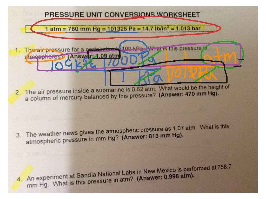 Pressure Unit Conversions Worksheet Problem1  Science Chemistry