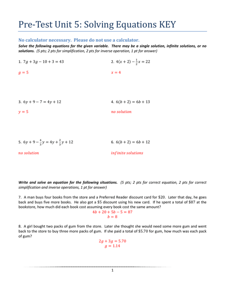 Pretest Unit 5 Solving Equations Key No Calculator