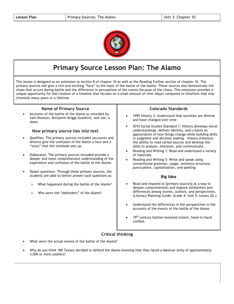 Primary Source Lesson Plan The Alamo