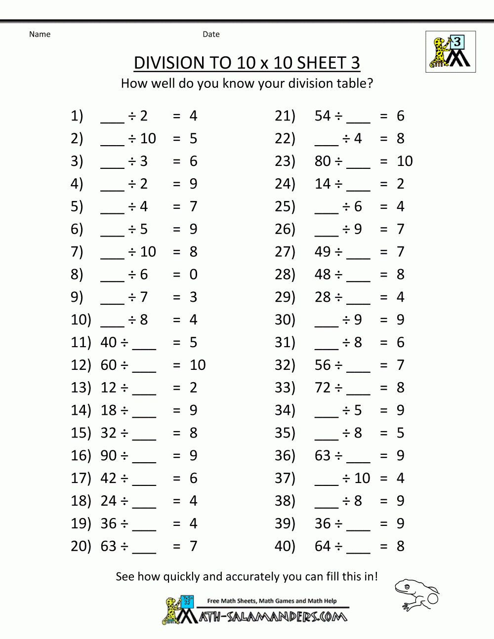 3rd Grade Level Multiplication Division Worksheet