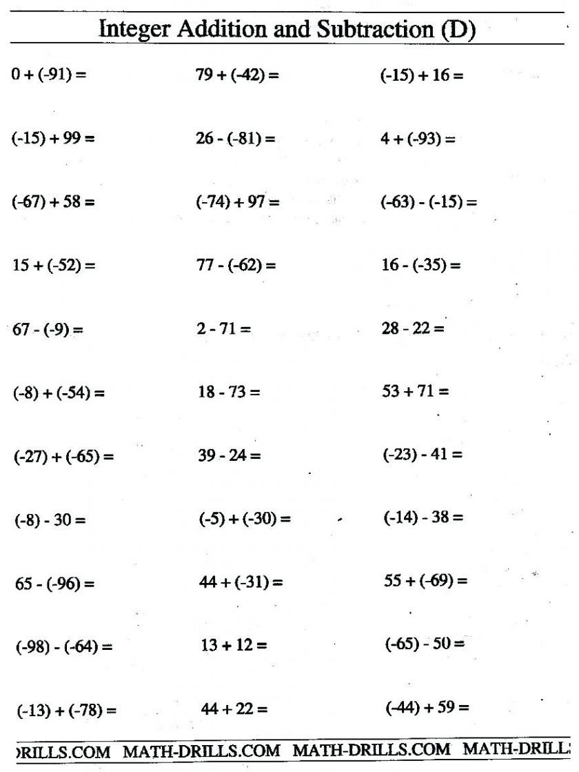 Printable Math Worksheets For Integers Grade Beautiful 7
