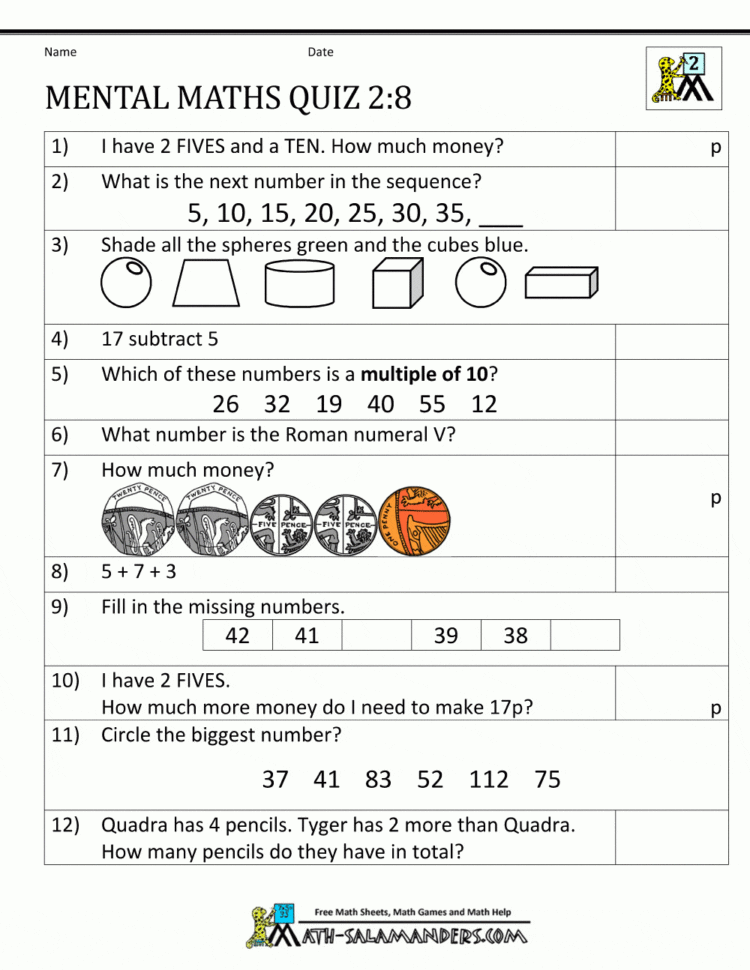 Printable Mental Maths Year 2 Worksheets