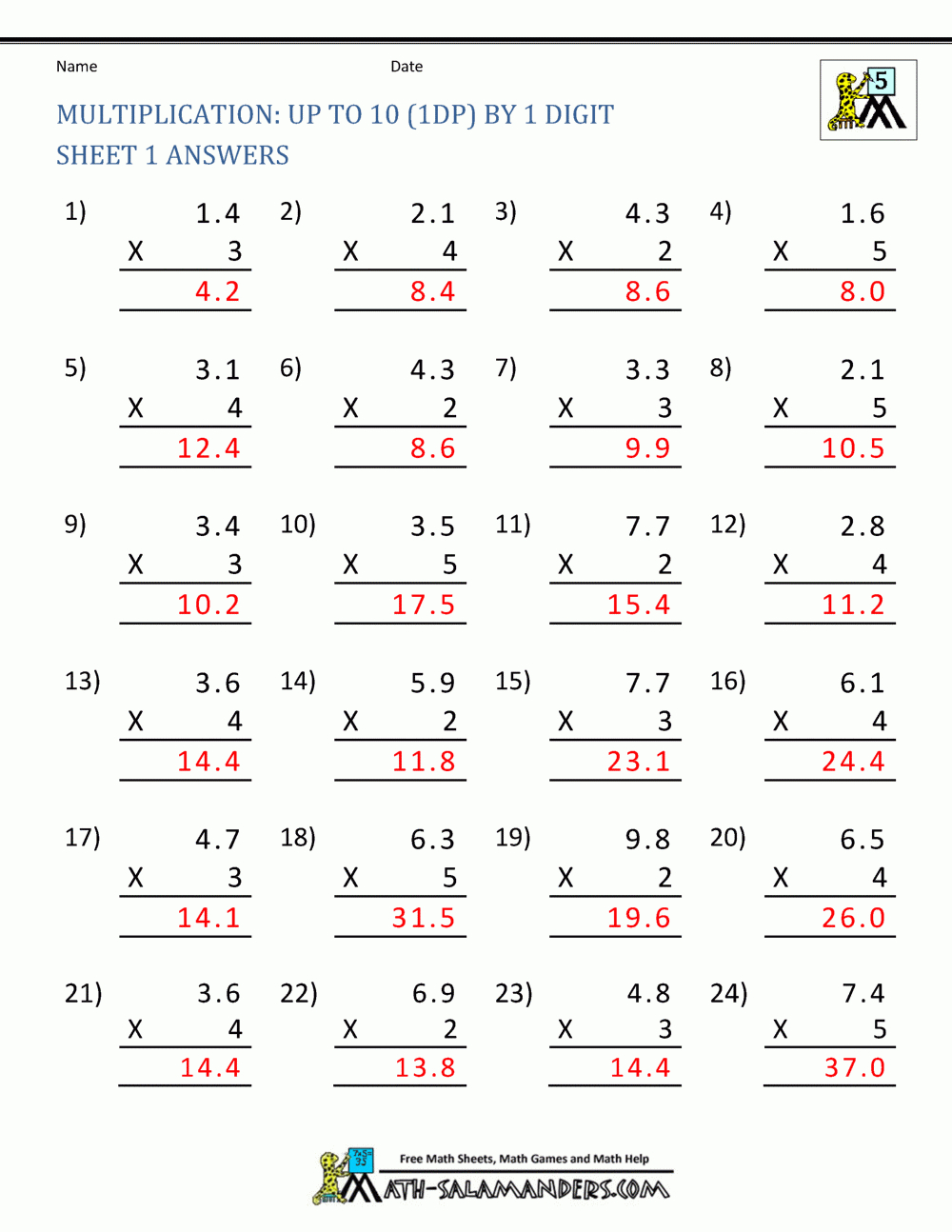 Printable Multiplication Sheets 5Th Grade