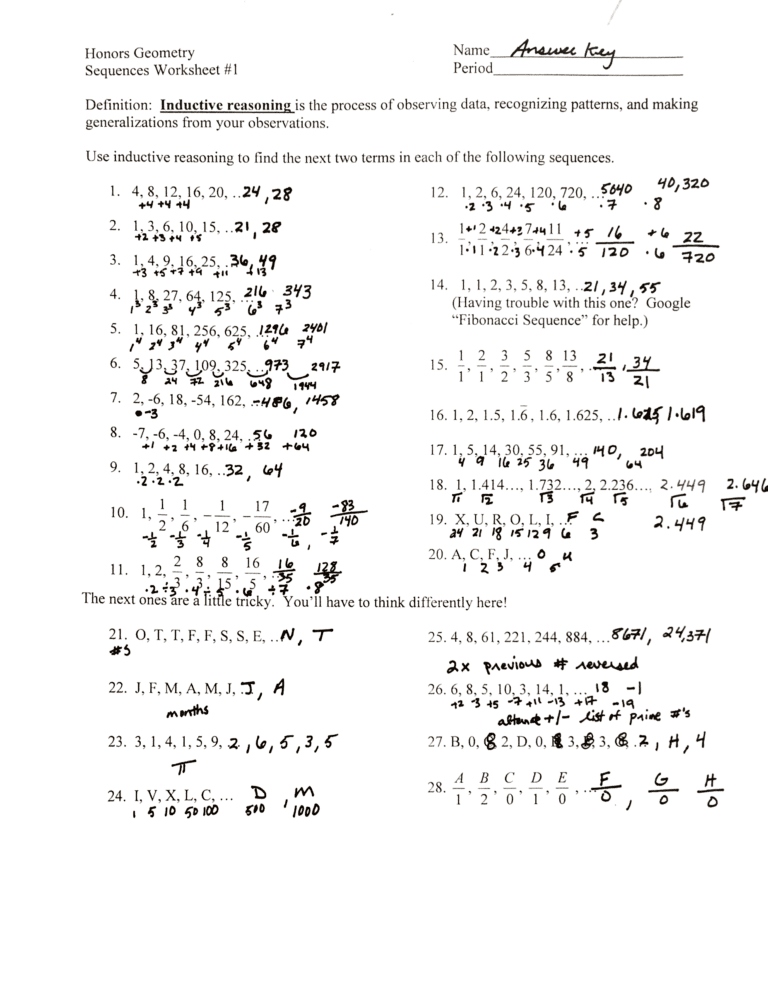 Geometric Sequence Worksheet Answers