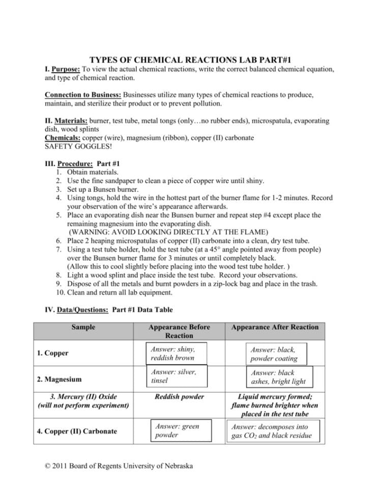 Printables Types Reactions Lab Worksheet Geotwitter Kids