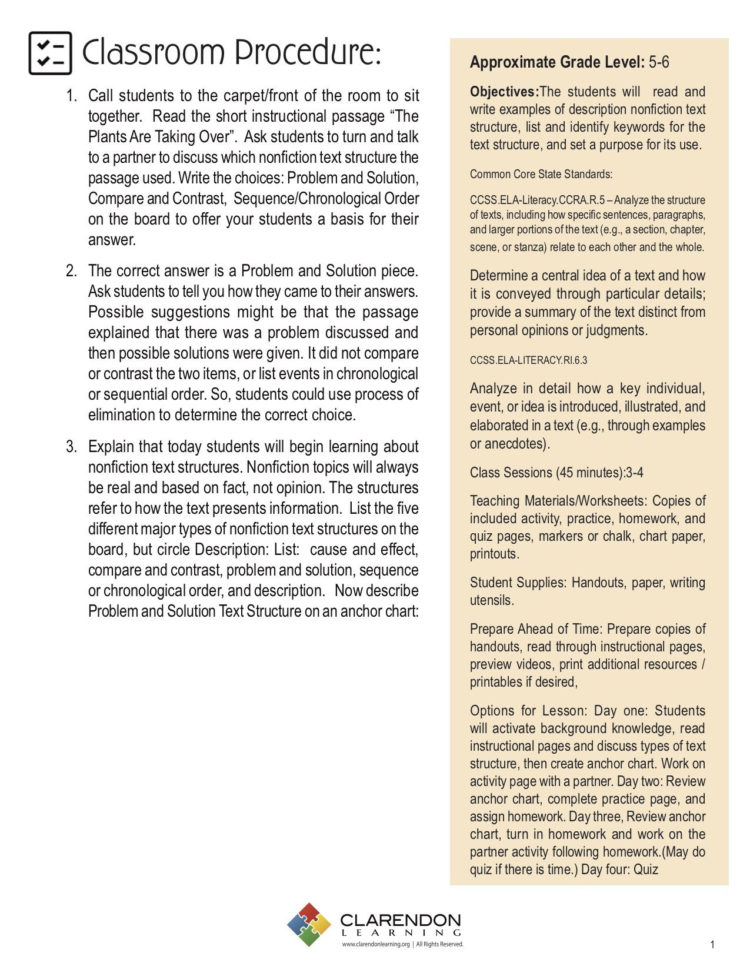 Problem And Solution Nonfiction Text Structure