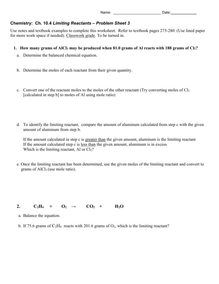 Problem Sheet 3 Stoichiometry Limiting Reactants