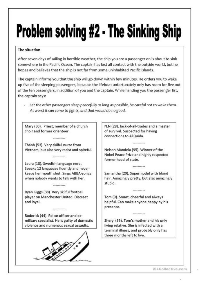 Problem Solving 2  The Sinking Ship  English Esl Worksheets