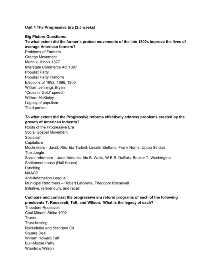 Progressive Era Review Sheet