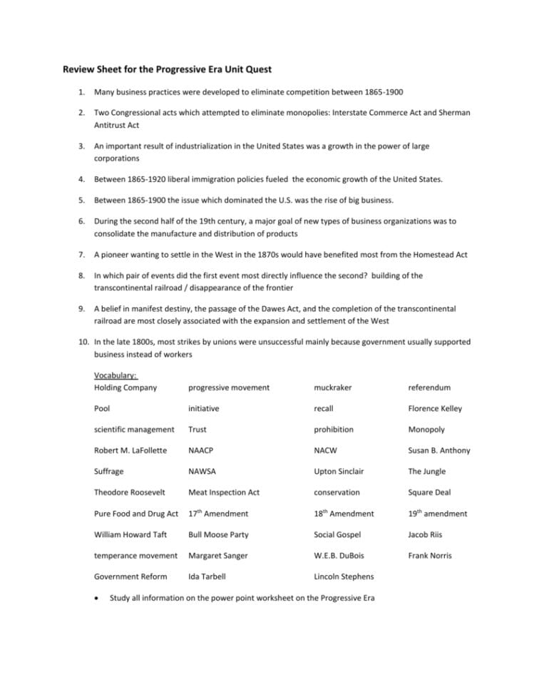 Progressive Era Review Sheet