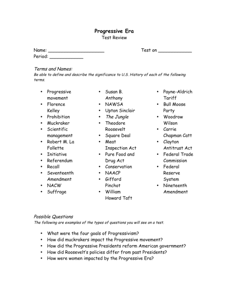 Progressiveerafilesprogressive Era Test Review