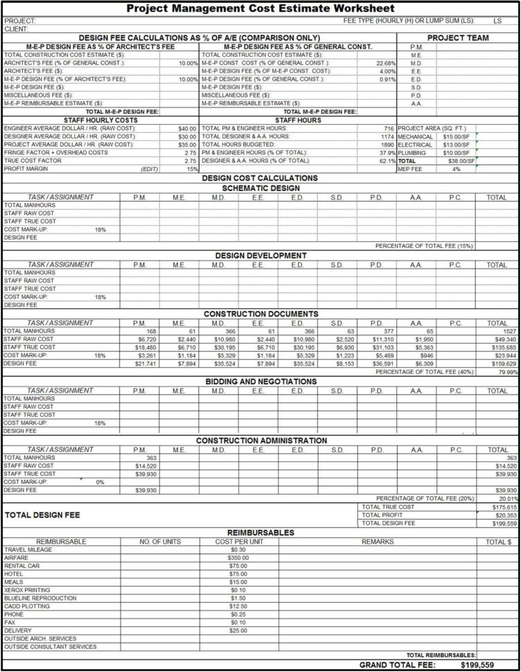 Project Management Cost Estimate Worksheet  Cost Estimation