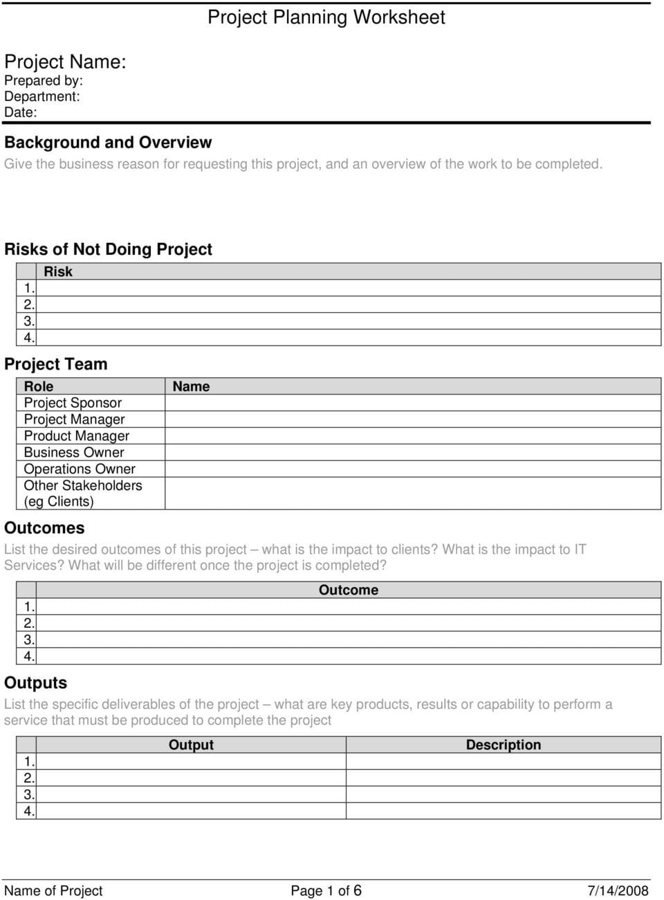 Hr Project Planning Worksheet Riset