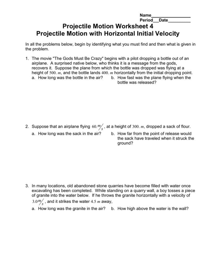 Projectile Motion Worksheet 4 Projectile Motion With