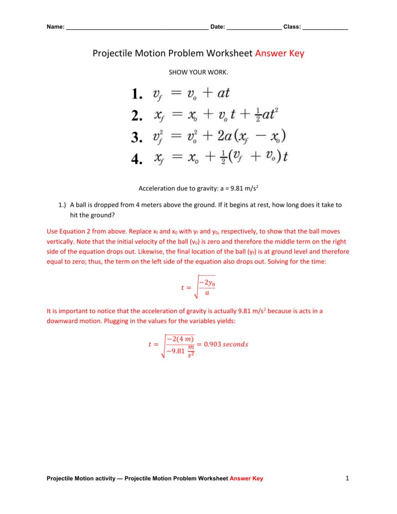 Projectile Motion Worksheet  Soccerphysicsonline