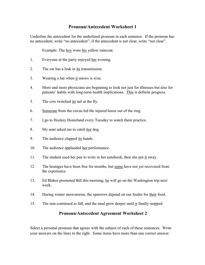 Pronouns And Antecedents Worksheets