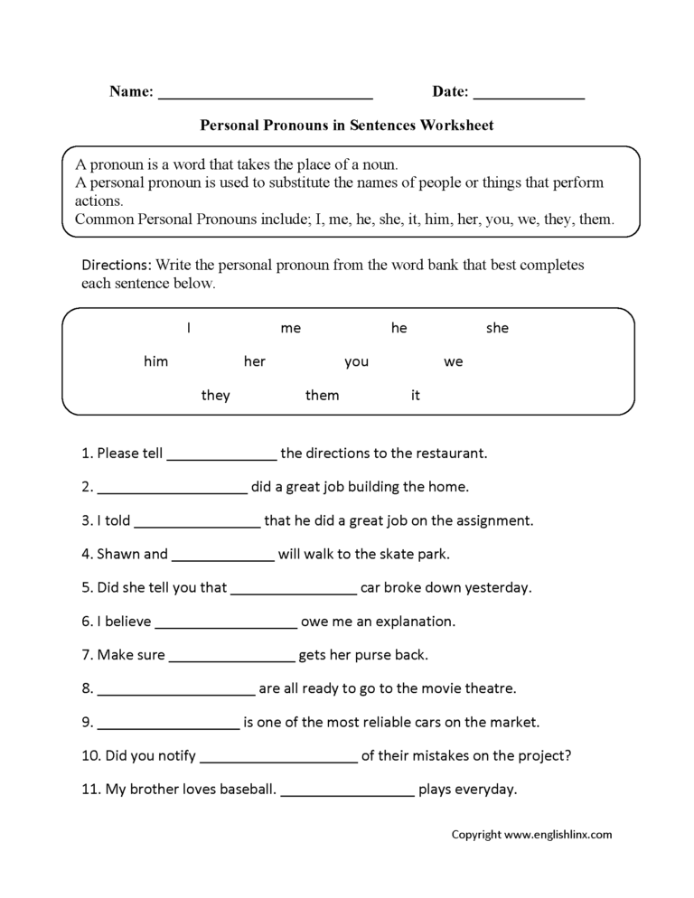 Printable Pronoun Worksheets For 3rd Grade
