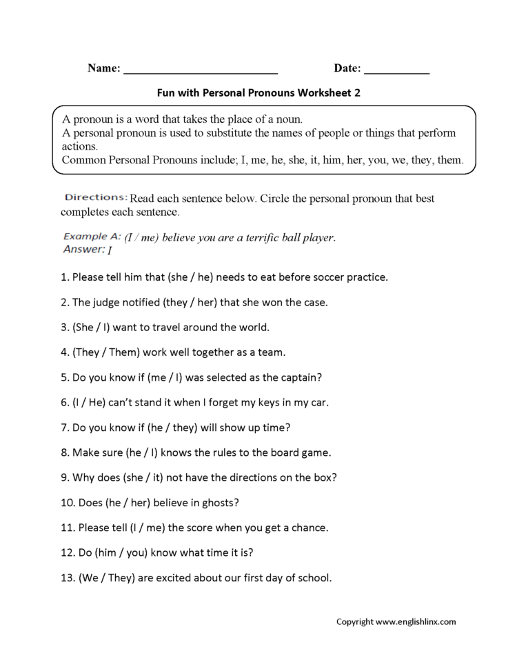 Pronouns Worksheets  Personal Pronouns Worksheets