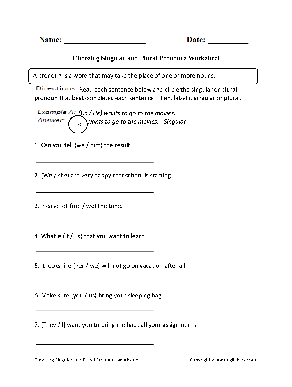 Pronouns Worksheets  Singular And Plural Pronouns Worksheets