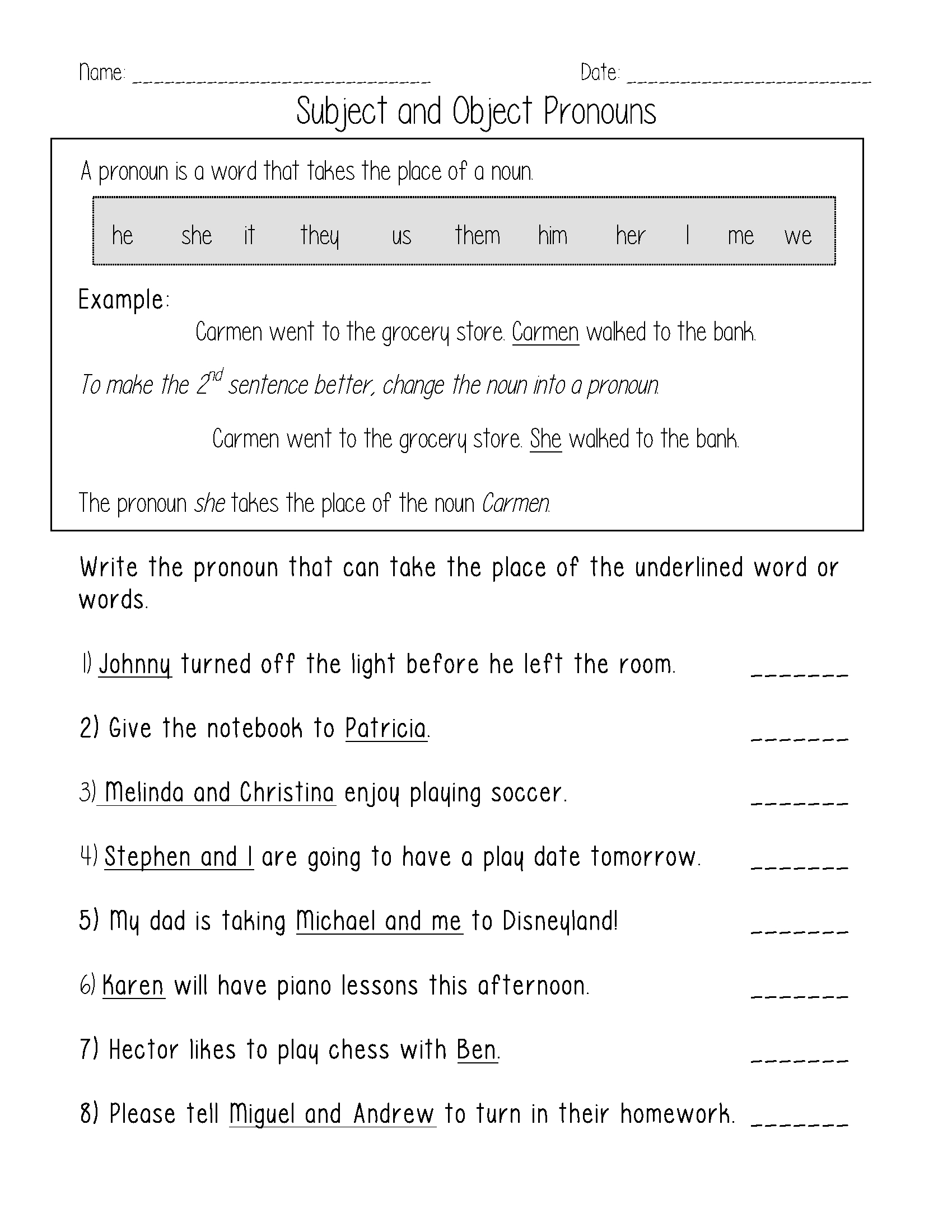 Subjective Pronoun Worksheet