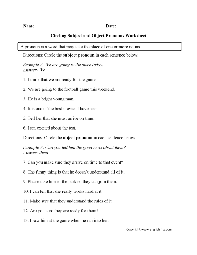 Pronouns Worksheets  Subject And Object Pronouns Worksheets