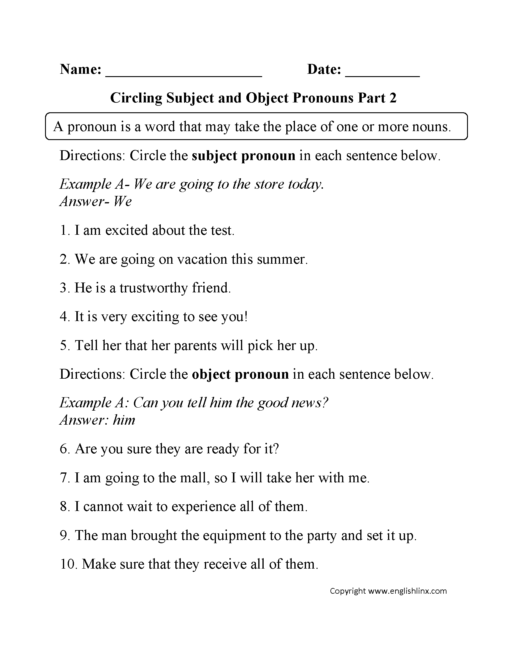 Pronouns Worksheets  Subject And Object Pronouns Worksheets