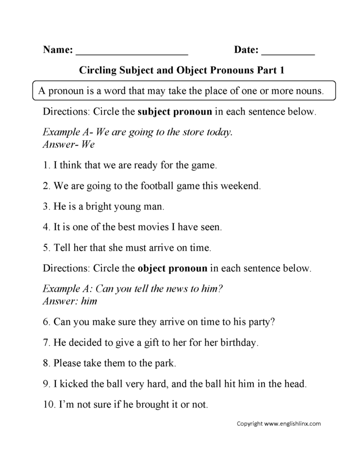 Pronouns Worksheets  Subject And Object Pronouns Worksheets