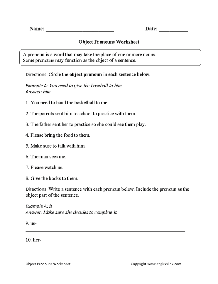 Pronouns Worksheets  Subject And Object Pronouns Worksheets