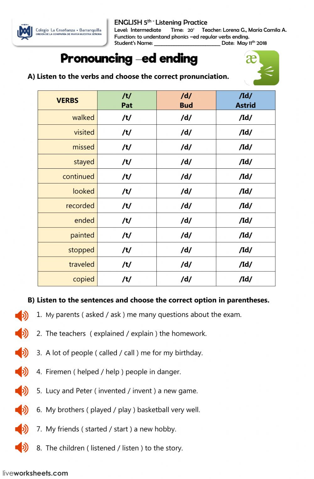 Pronunciation Regular Verbs Ed Ending  Interactive Worksheet