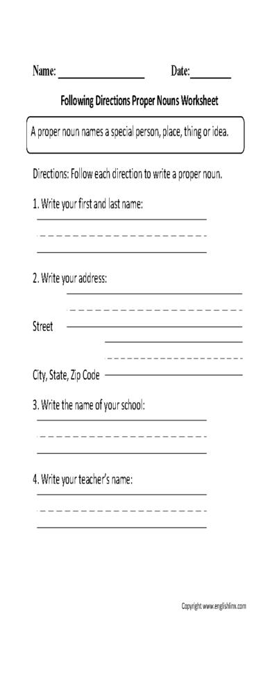 Proper And Common Nouns Worksheets  Following Directions
