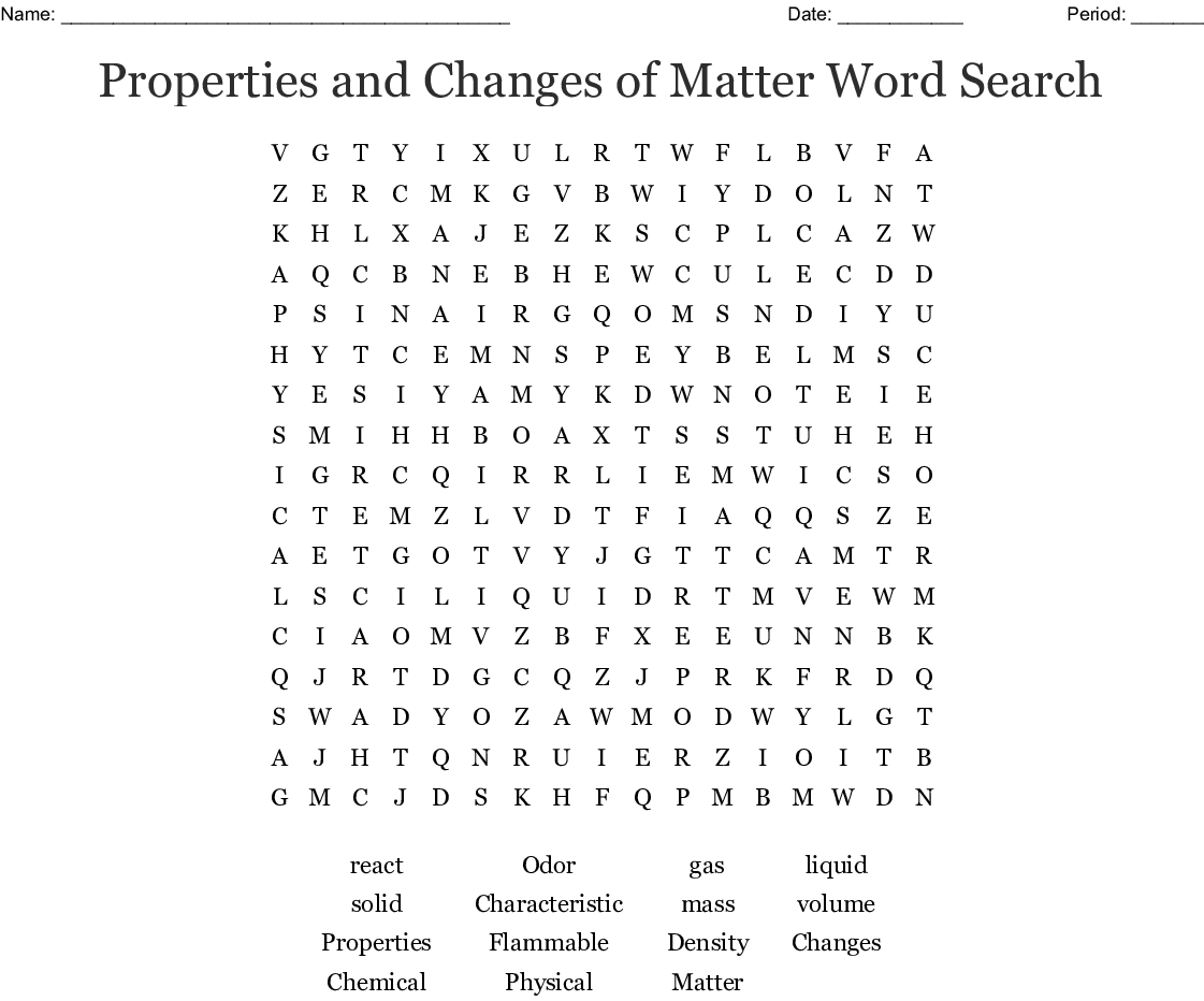 Properties And Changes Of Matter Word Search  Word