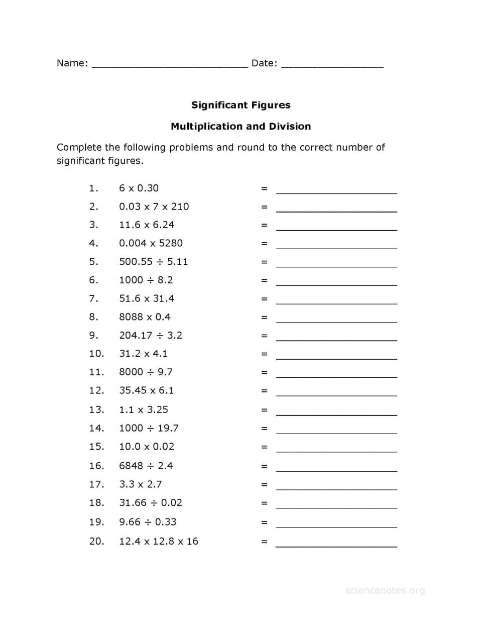 Adding Subtracting Multiplying And Dividing Significant Figures Worksheet With Answers