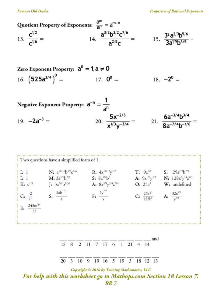 Properties Of Exponents Worksheet Answers