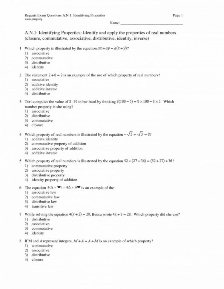Properties Of Math Free Algebra Worksheets Distributive