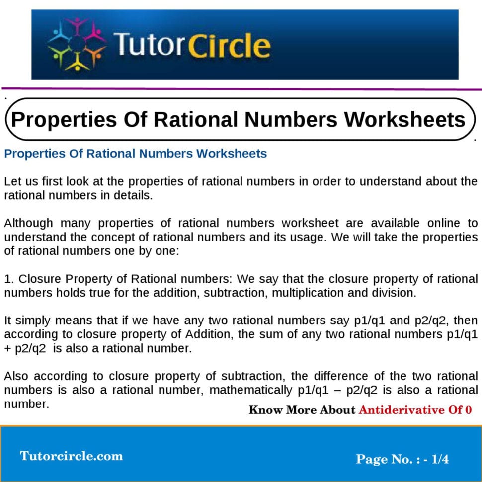 Properties Of Rational Numbers Worksheetstutorcircle