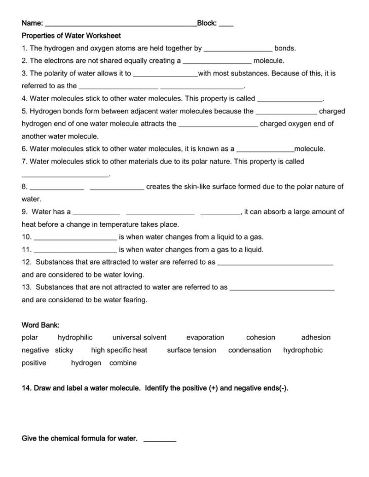 2 2 Properties Of Water Worksheet Answers — db-excel.com