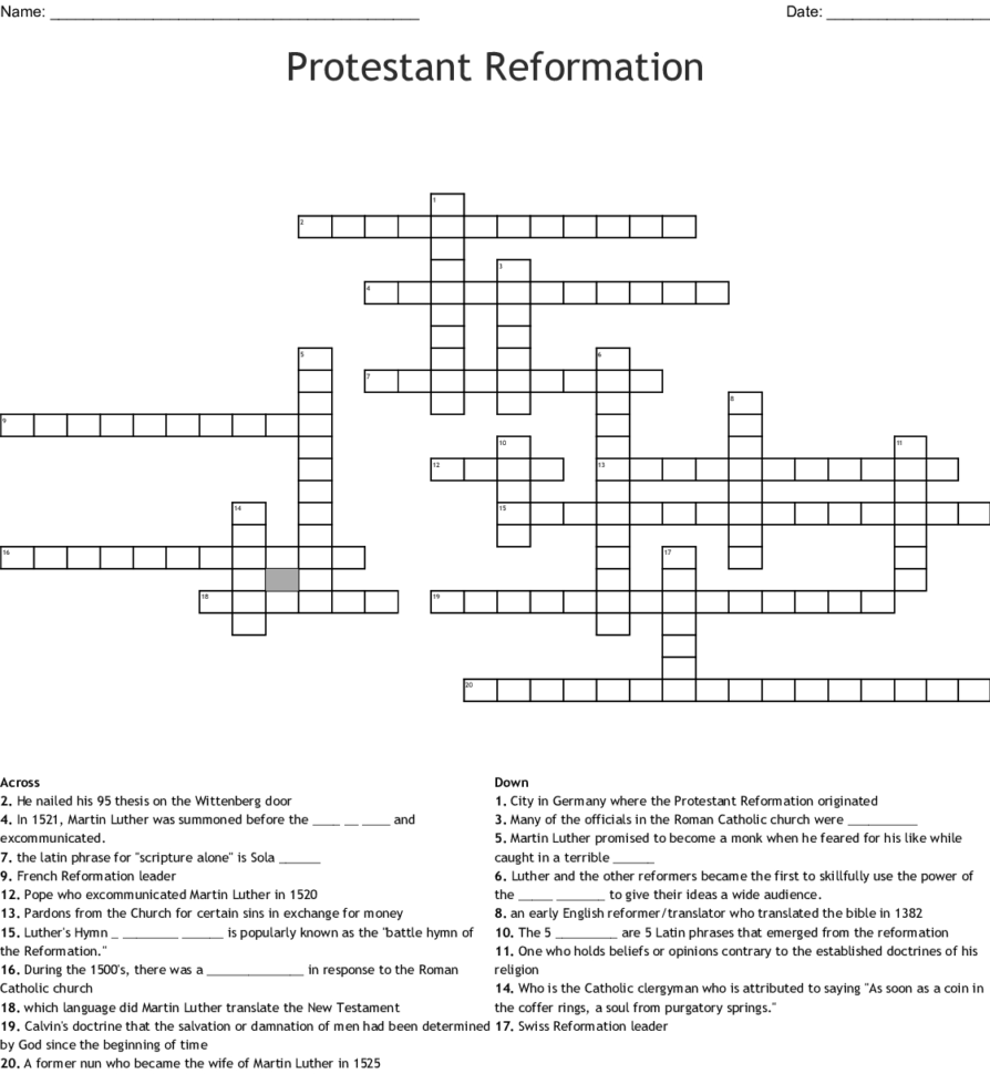 Protestant Reformation Crossword  Word Protestant Reformation Crossword  Word