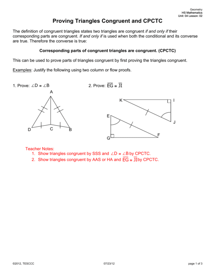 Triangle Congruence Worksheet 1 Answer Key