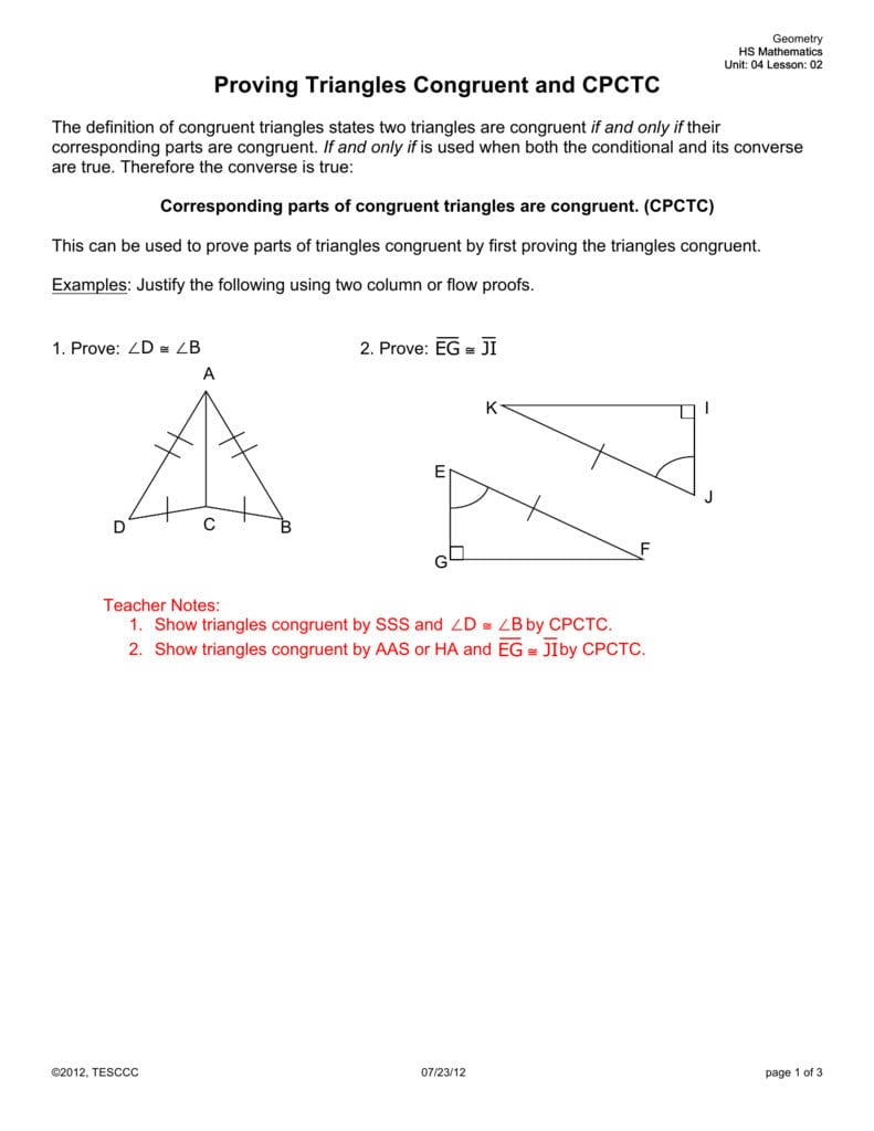 Triangle Congruence Worksheet Answers