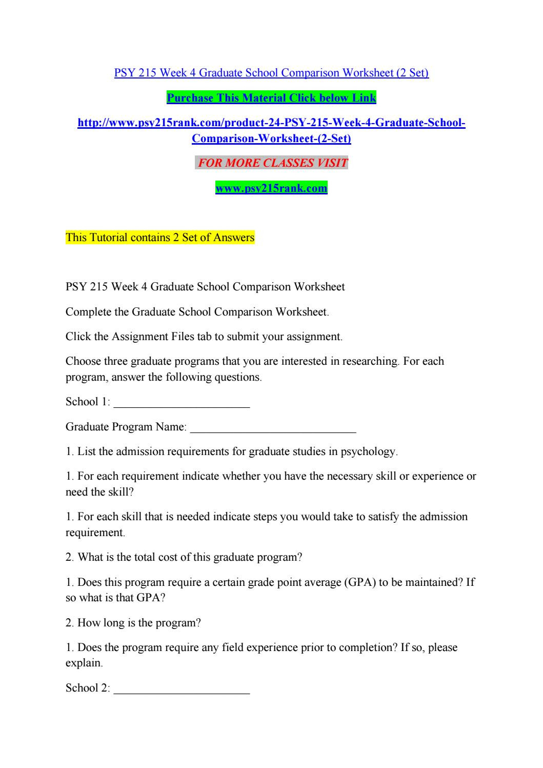 Psy 215 Week 4 Graduate School Comparison Worksheet 2 Set