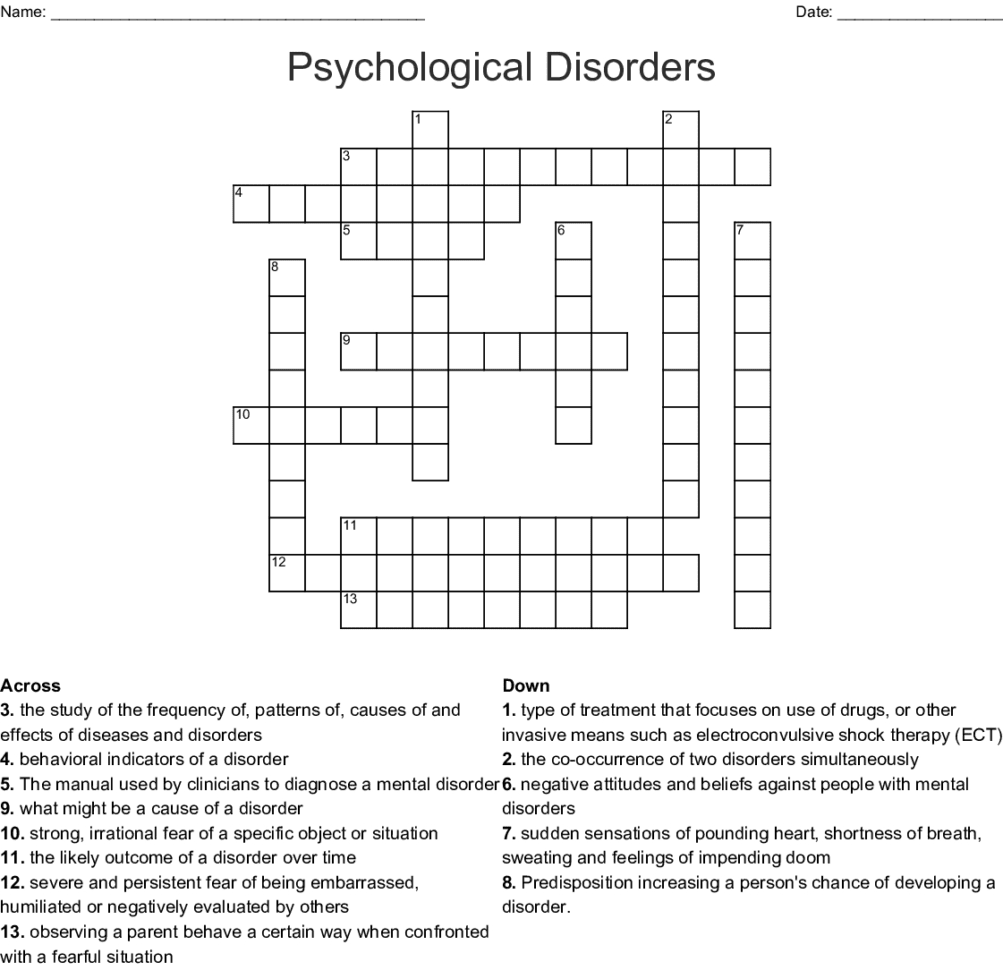 Psychological Disorders Crossword  Word