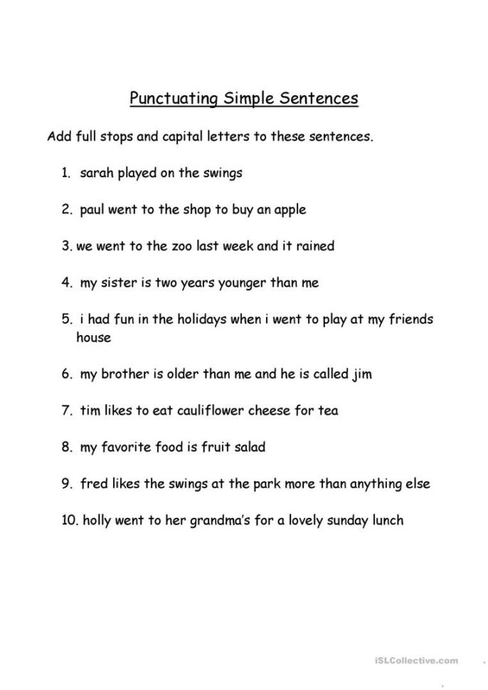 Punctuating Simple Sentences  English Esl Worksheets