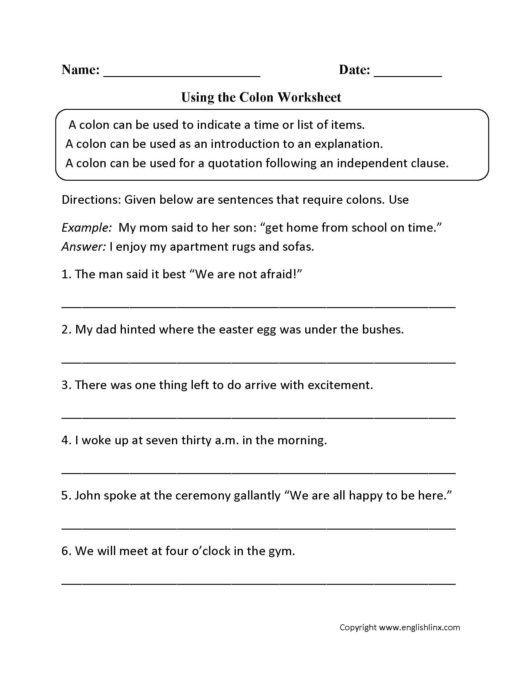 Punctuation Worksheets  Colon Worksheets