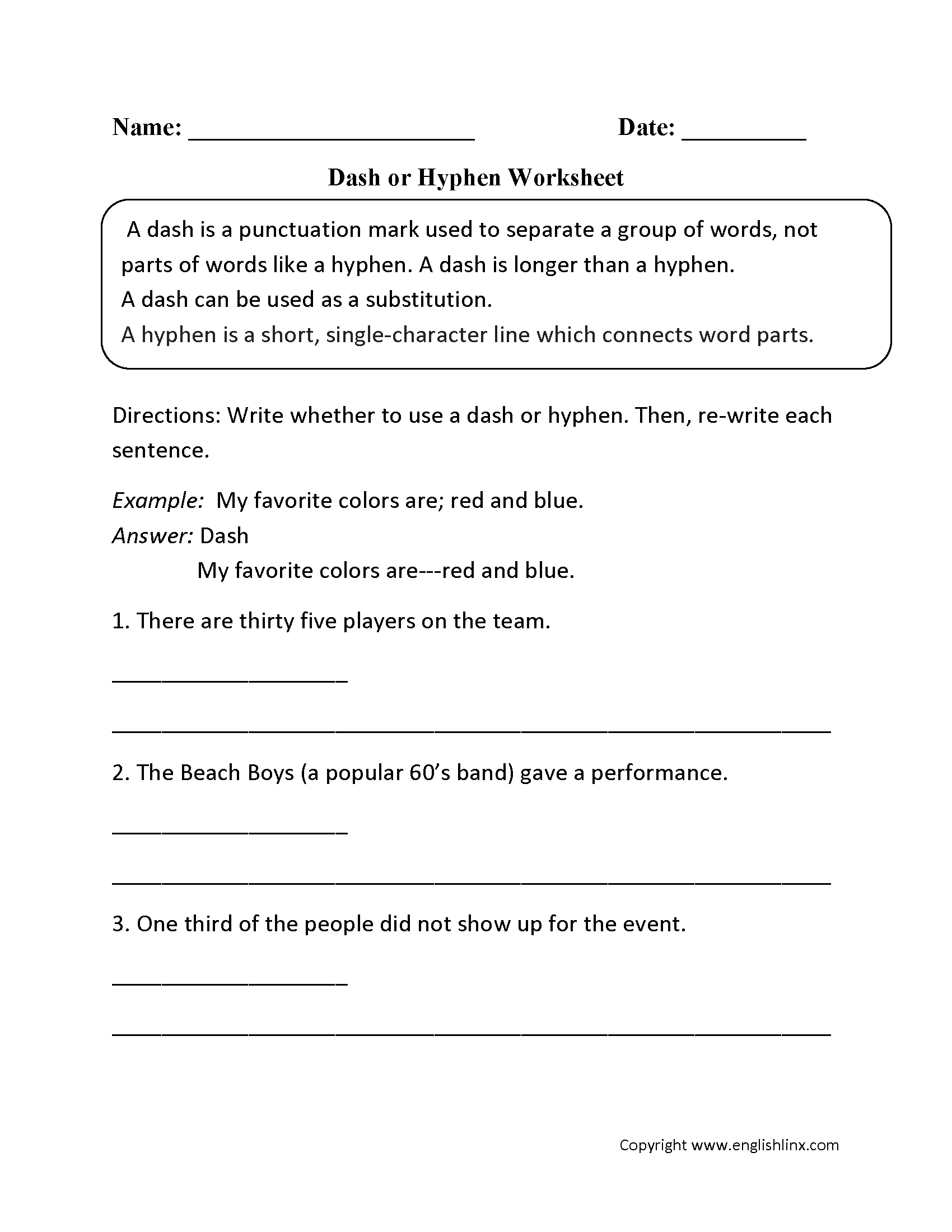 Hyphens And Dashes Worksheet Answers Db excel