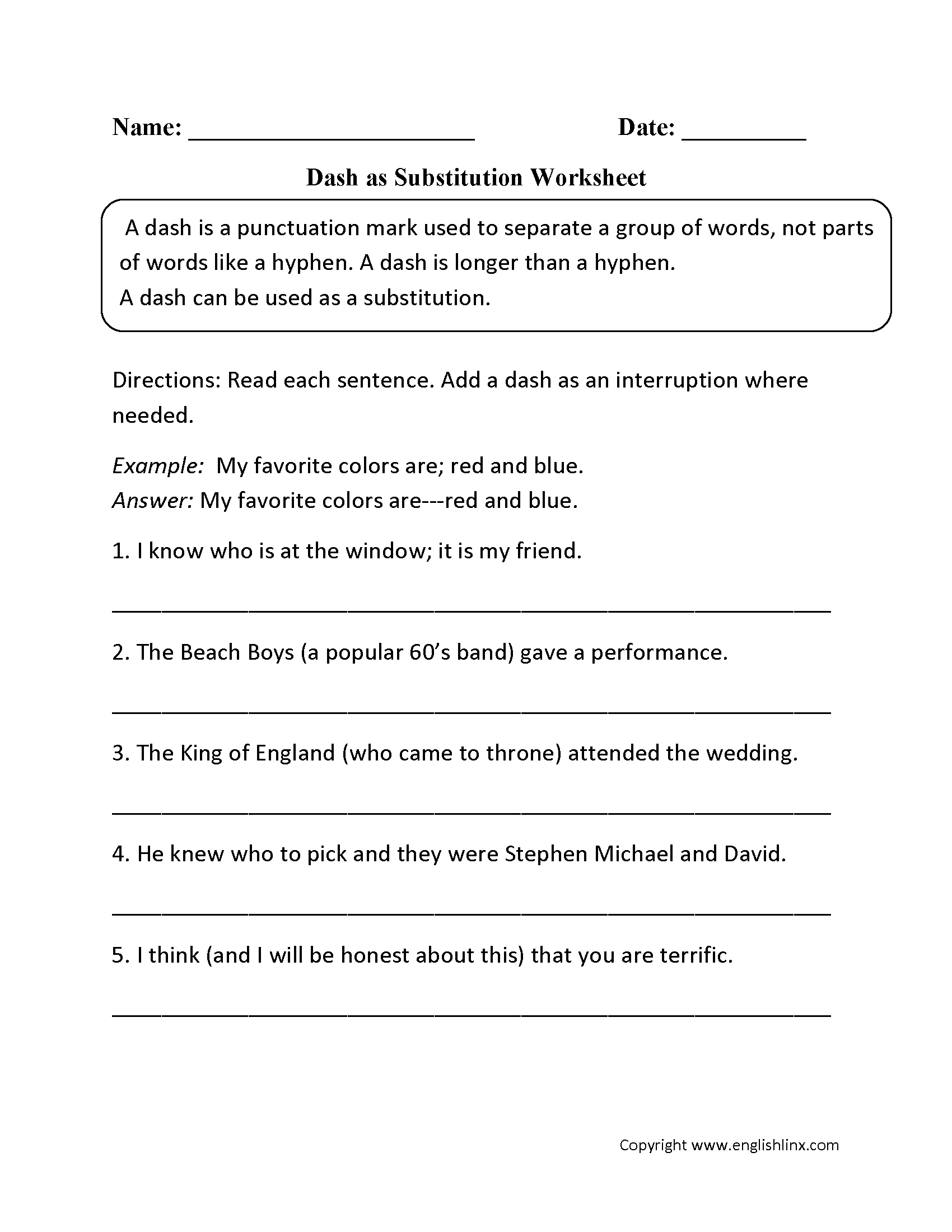 Punctuation Worksheets  Dash Worksheets