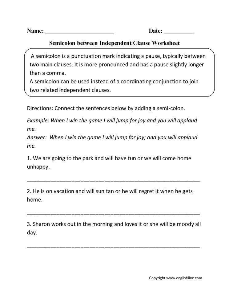 Punctuation Worksheets  Semicolon Worksheets