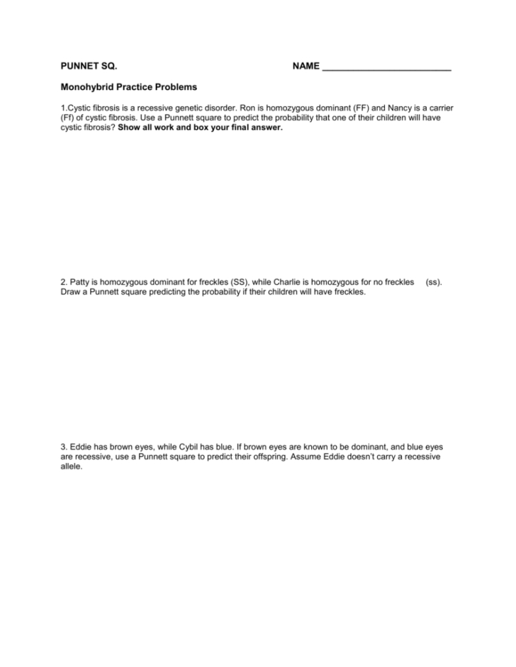 Genetics Practice Problems 3 Monohybrid Problems Worksheet 1 Answers