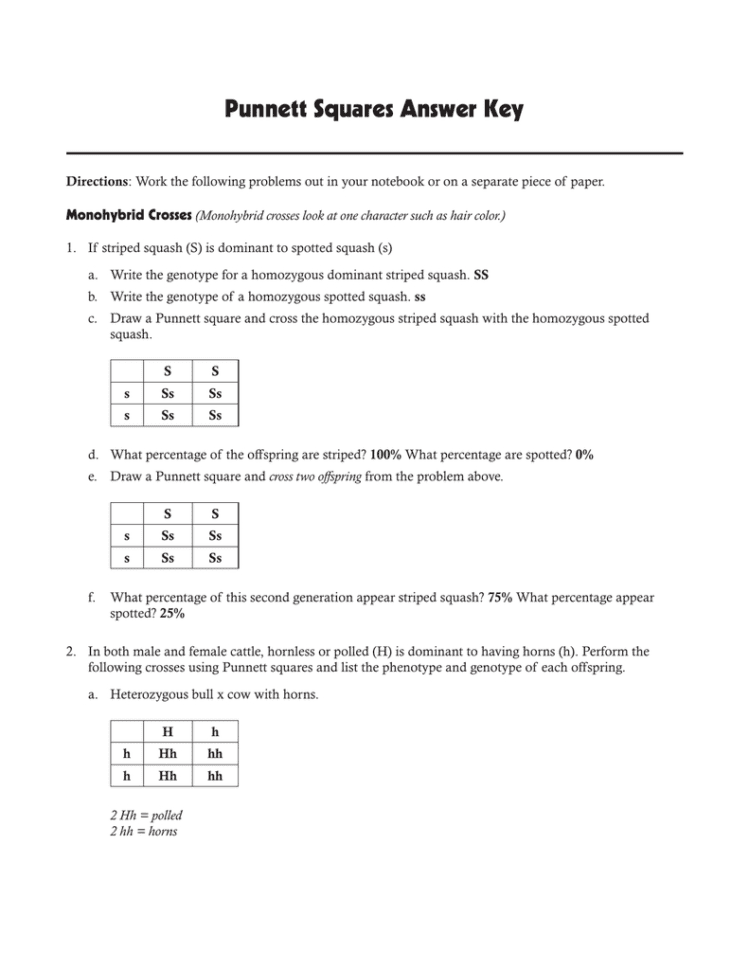 Punnett Squares Answer Key