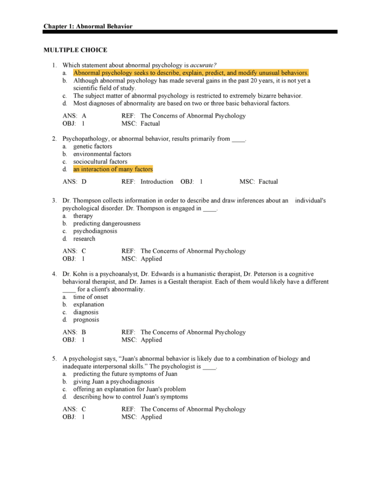 Psychological Disorders Worksheet Answers