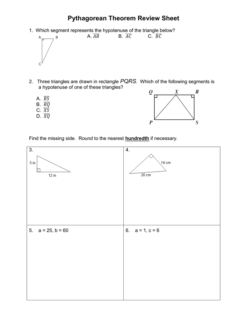 Pythagorean Theorem Review Sheet